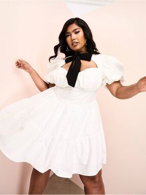 White Puff Sleeve Mini Dress with Black Bow